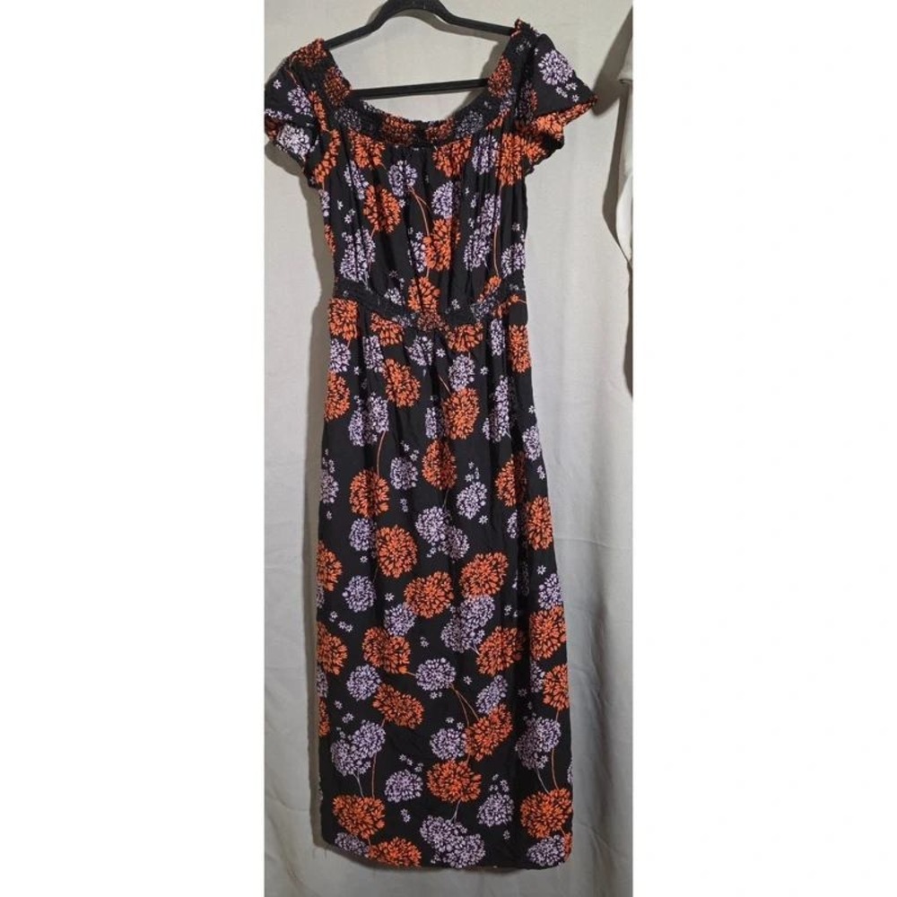 ana A New Approach Floral Maxi Dress Black Orange Purple Smocked Waist Large